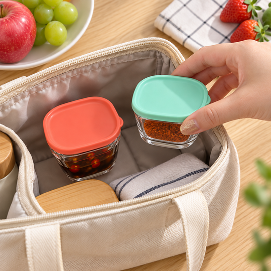 Mini glass storage containers inside lunch bag
