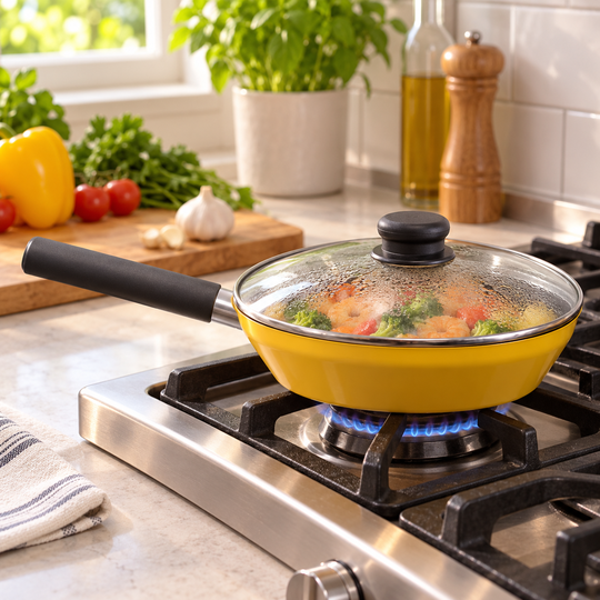 Multipurpose Cooking Pan with glass lid on a stovetop