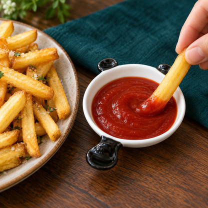 French fry dipped in sauce beside Panda Dip Bowl