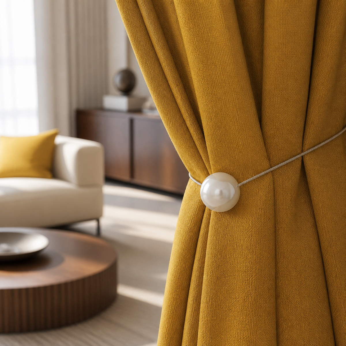 Pearl magnetic curtain tieback securing a heavy gold curtain