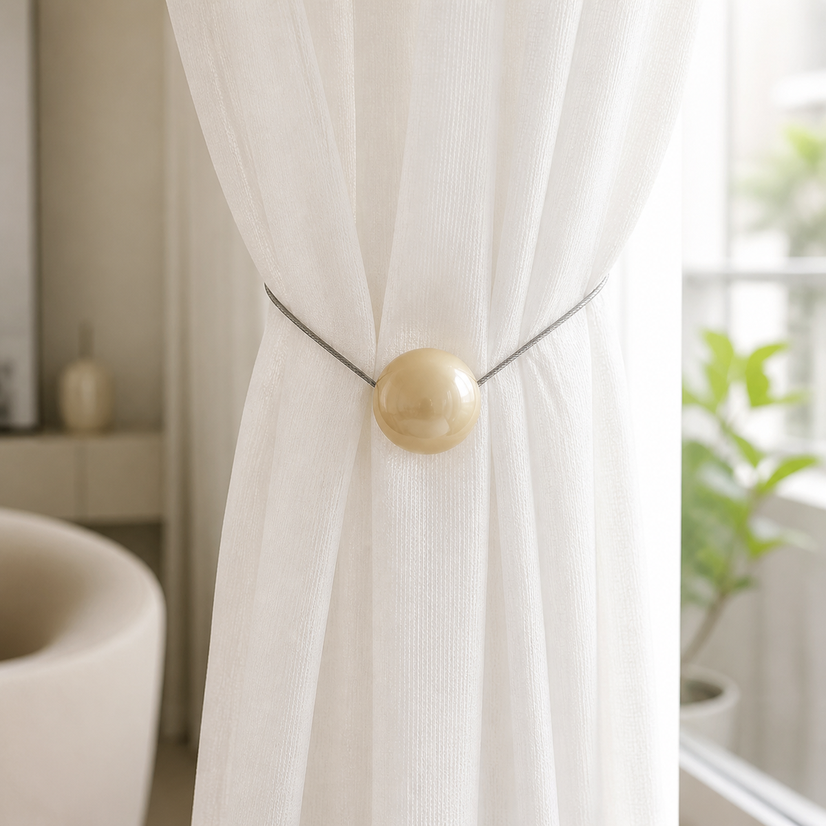 Pearl magnetic curtain tieback styled on a white sheer curtain