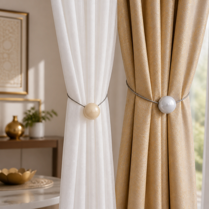 Two curtains styled with pearl magnetic curtain tiebacks
