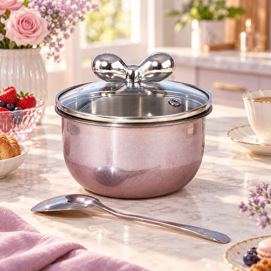 PearlBow Serving Bowl in pearlescent pink with glass lid and spoon