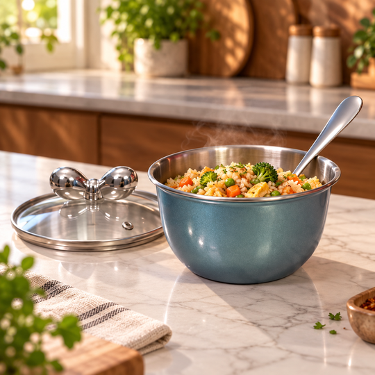 PearlBow Serving Bowl in teal blue with a served meal