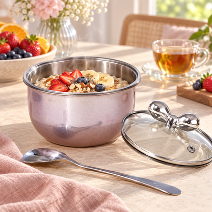 Pink PearlBow Serving Bowl holding breakfast