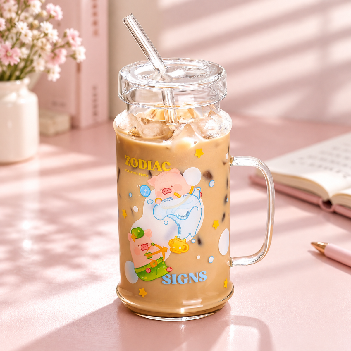 Piggy mug with iced coffee