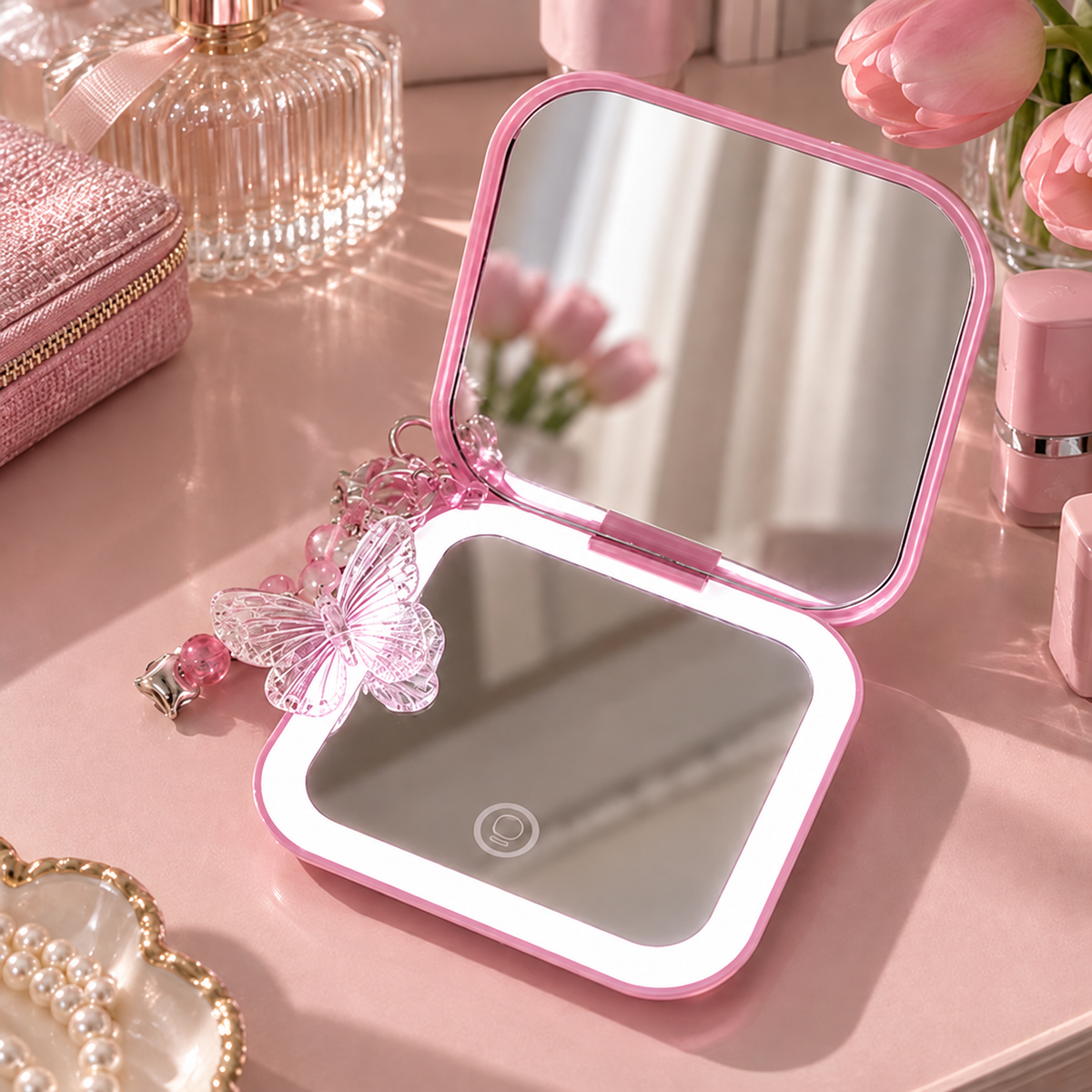Pink Touch-Light Mirror open with touch light illuminated