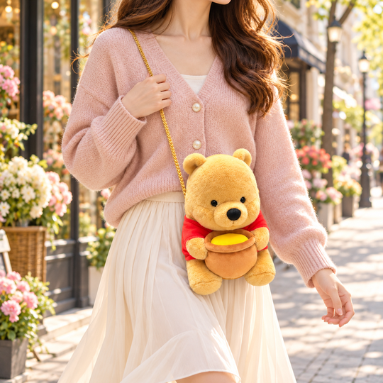Pooh Sling Bag styled with a pink cardigan on a floral walk