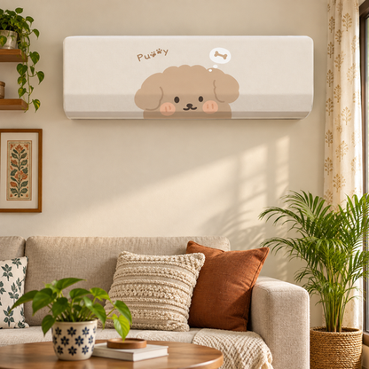 Puppy Print AC Cover in an Indian home living room