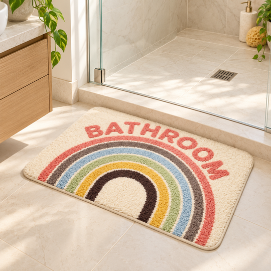 Rainbow Bathroom Mat beside shower
