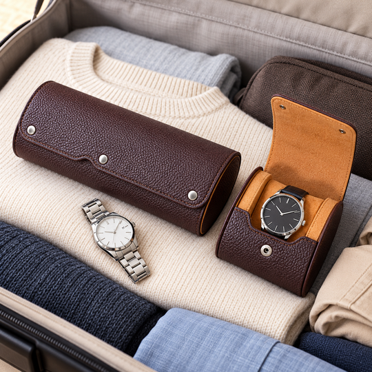 Three-watch storage cases arranged for travel