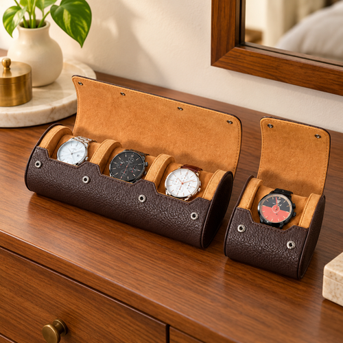 Three-watch and single-watch cases on dresser