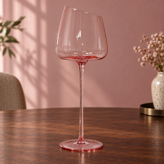 Rose Petal Glass with slanted rim and pink stem on a wooden table