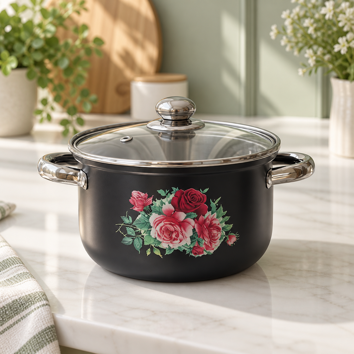 Dark finish with rose motif