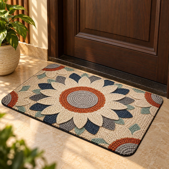 Rustic Daisy Door Mat at a warm apartment entrance