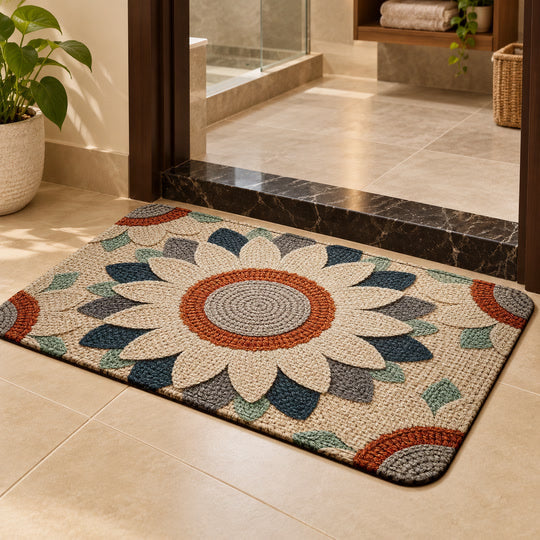 Rustic Daisy Door Mat outside a bathroom threshold