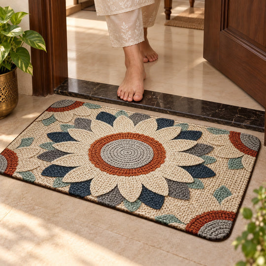 Rustic Daisy Door Mat with natural doorway scale