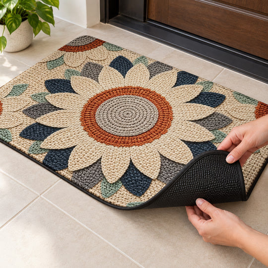 Rustic Daisy Door Mat flexible corner and black underside