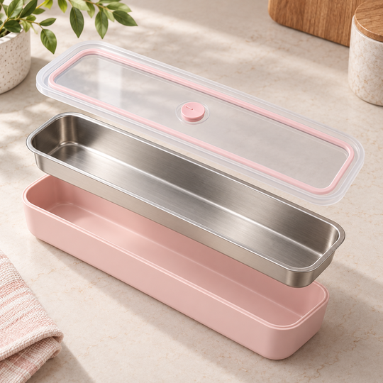 Slim Food Storage Box stainless steel tray, pink base and clear lid