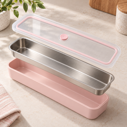 Slim Food Storage Box stainless steel tray, pink base and clear lid