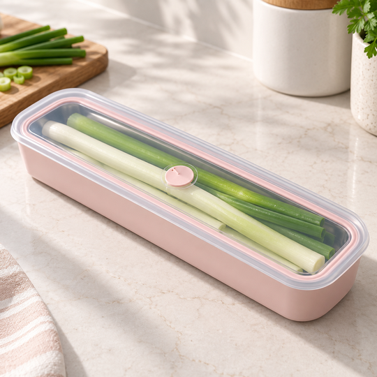 Slim Food Storage Box with clear lid and green onions