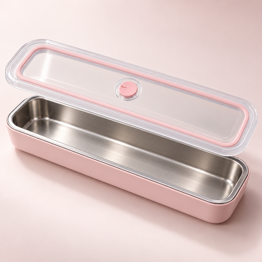Slim Food Storage Box clear lid and stainless steel tray detail