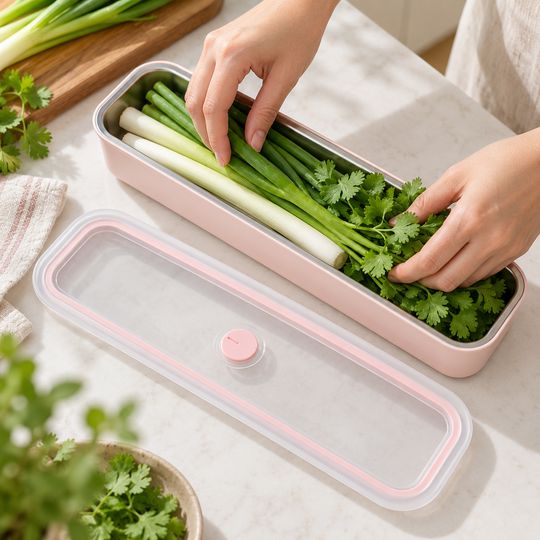 Hands loading green vegetables into Slim Food Storage Box