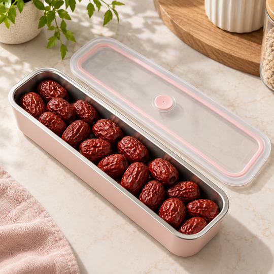 Slim Food Storage Box holding red dates