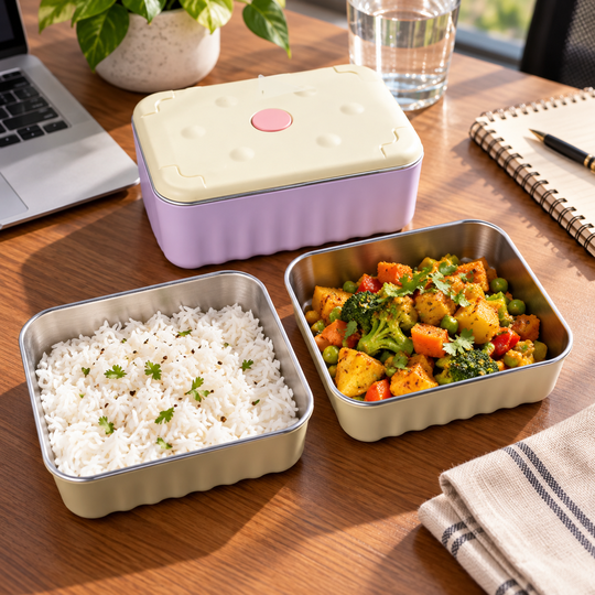 Stack Mate Steel Lunch Box with rice and vegetable meal