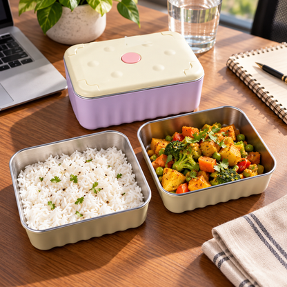 Stack Mate Steel Lunch Box with rice and vegetable meal