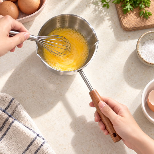 Stainless Steel Double Spout Saucepan whisking ingredients