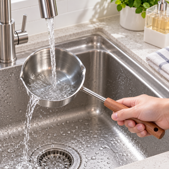 Stainless Steel Double Spout Saucepan being rinsed