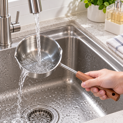 Stainless Steel Double Spout Saucepan being rinsed