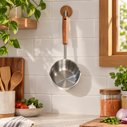 Stainless Steel Double Spout Saucepan hanging in kitchen