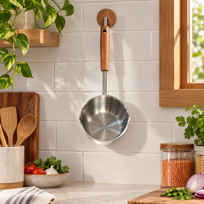 Stainless Steel Double Spout Saucepan hanging in kitchen