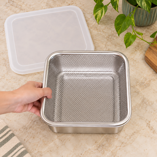 Square Steel Basket with Lid showing mesh basket, steel container and fitted lid