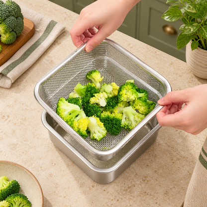 Draining cooked vegetables over the matching steel basin