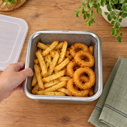 Steel basket nested in container for serving evening snacks