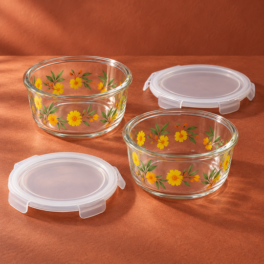 Two open SunBloom glass containers with matching lids