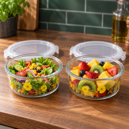 SunBloom glass containers holding salad and fruit