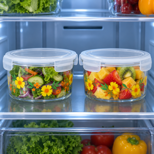 SunBloom glass containers stored in refrigerator