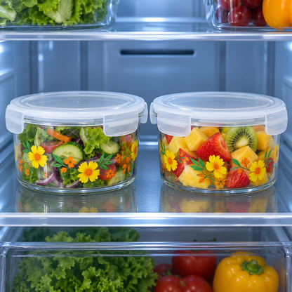 SunBloom glass containers stored in refrigerator