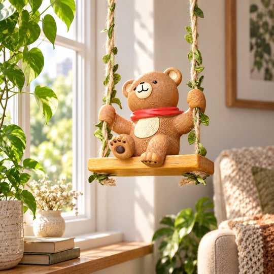 Swinging Bear Garden Décor by a bright indoor window