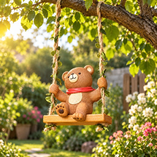 Swinging Bear Garden Décor hanging from a tree branch