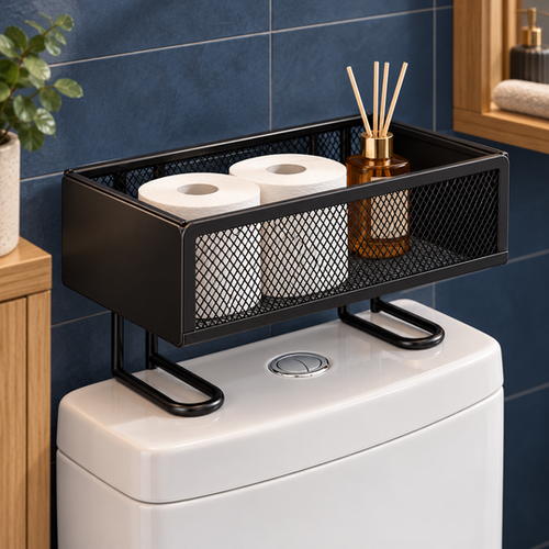 TankTop Bathroom Organizer holding toilet rolls on a cistern