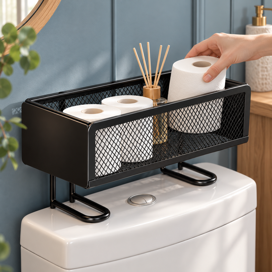 Storing toilet rolls in the black mesh basket