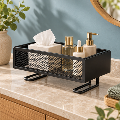 Bathroom toiletries organized on a countertop