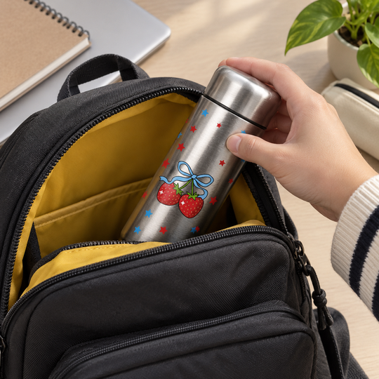Titanium Travel Mini Bottle fitting into a backpack