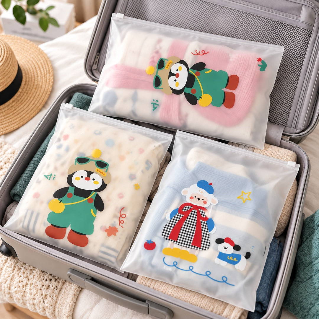 Travel Buddy Slider Pouches arranged in an open suitcase