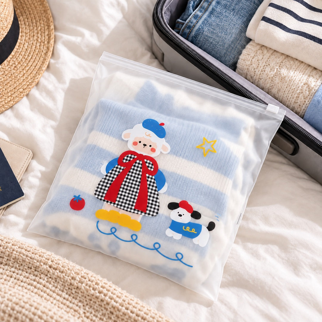 Frosted travel pouch with contents softly visible